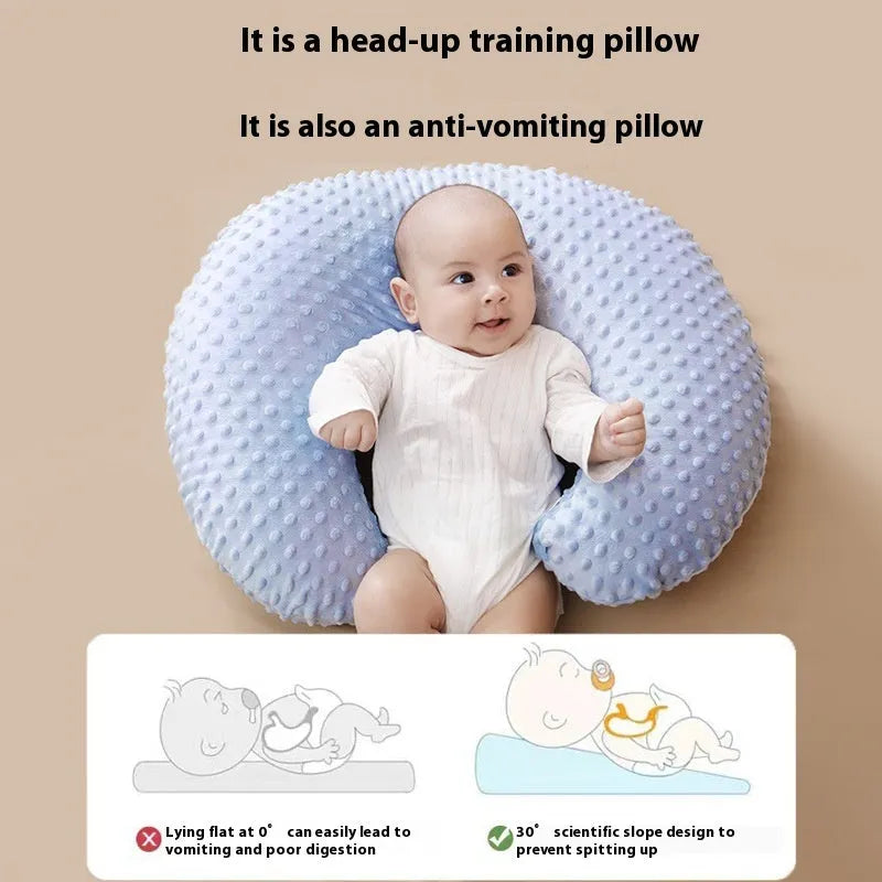 Multifunctional nursing pillow with a built-in spill channel, shown in a choice of colours.