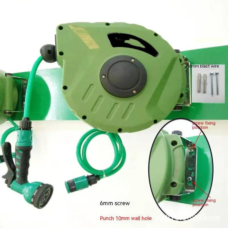 Automatic retractable hose reel with 10 metre PVC water pipe in compact collector unit for car washing