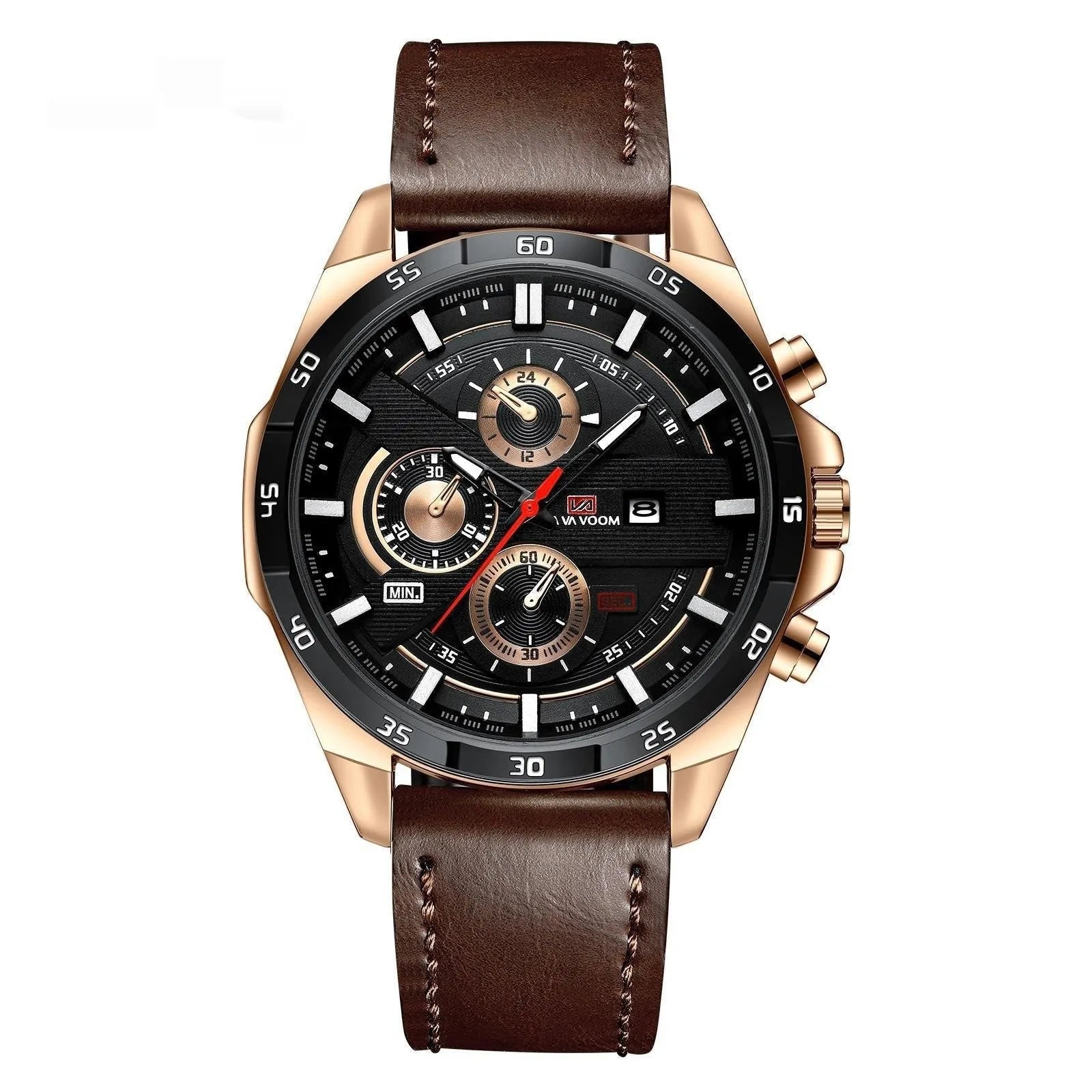 Men's waterproof quartz watch with calendar function in black and rose gold combination