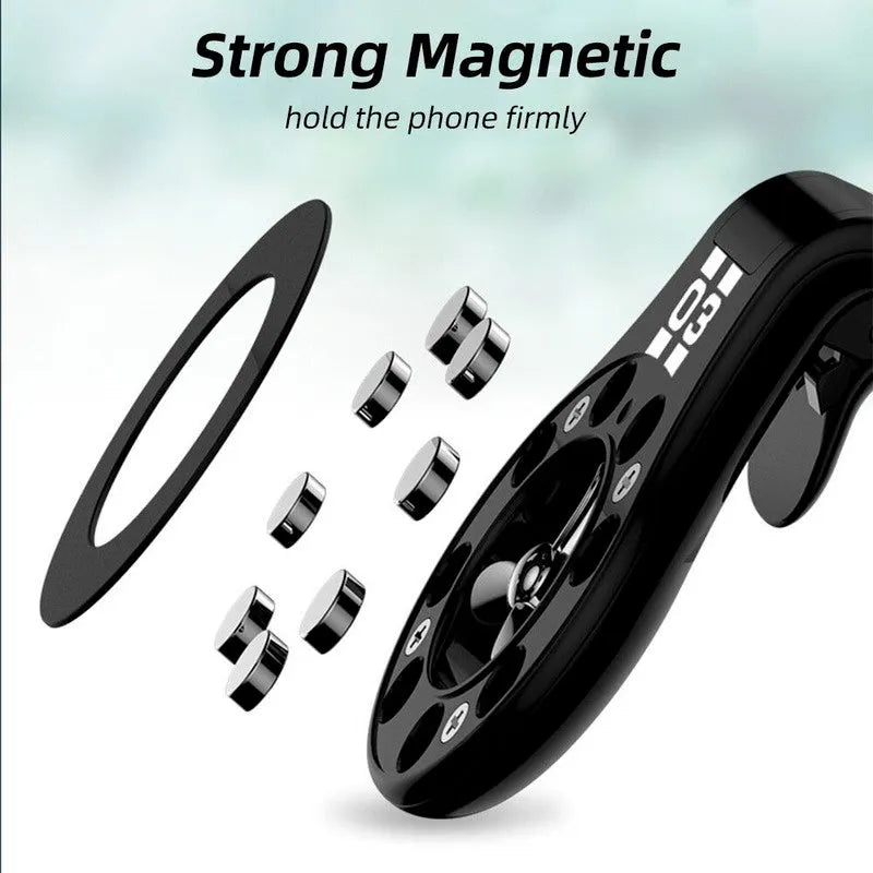 Magnetic car phone holder mounted on car air vent with smartphone attached