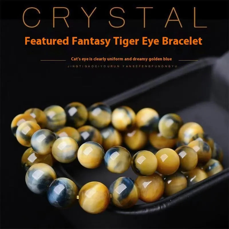 Fantasy tiger eye agate stone bracelet with round beads in geometric pattern on wrist.