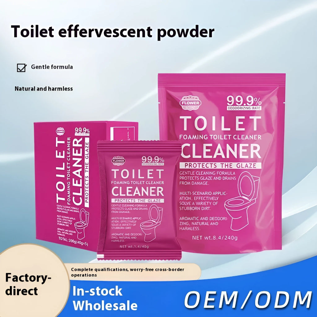 Toilet bubble powder cleaning product in blue ocean or pink floral fragrance, offered in boxed sachets or a large bag.