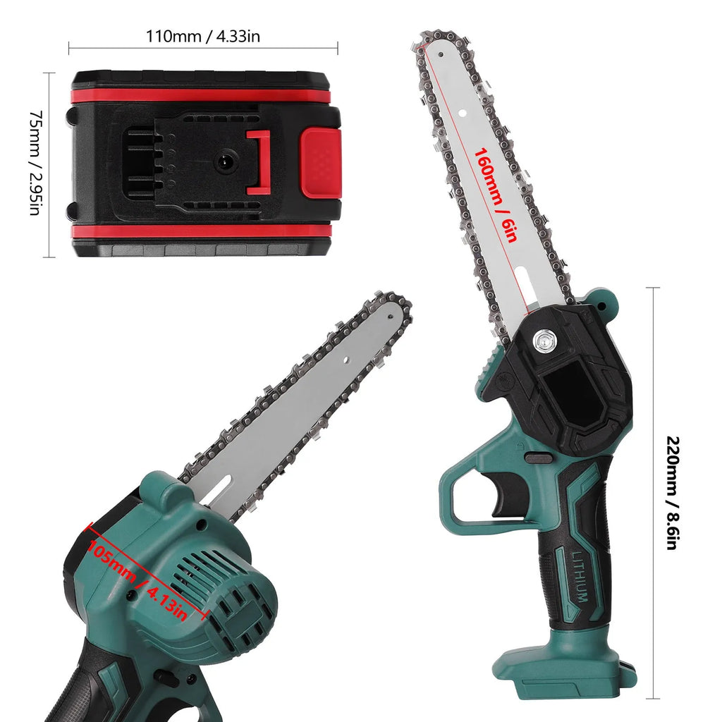 Black one-hand mini electric chainsaw with a 4-inch guide bar on a wooden log.