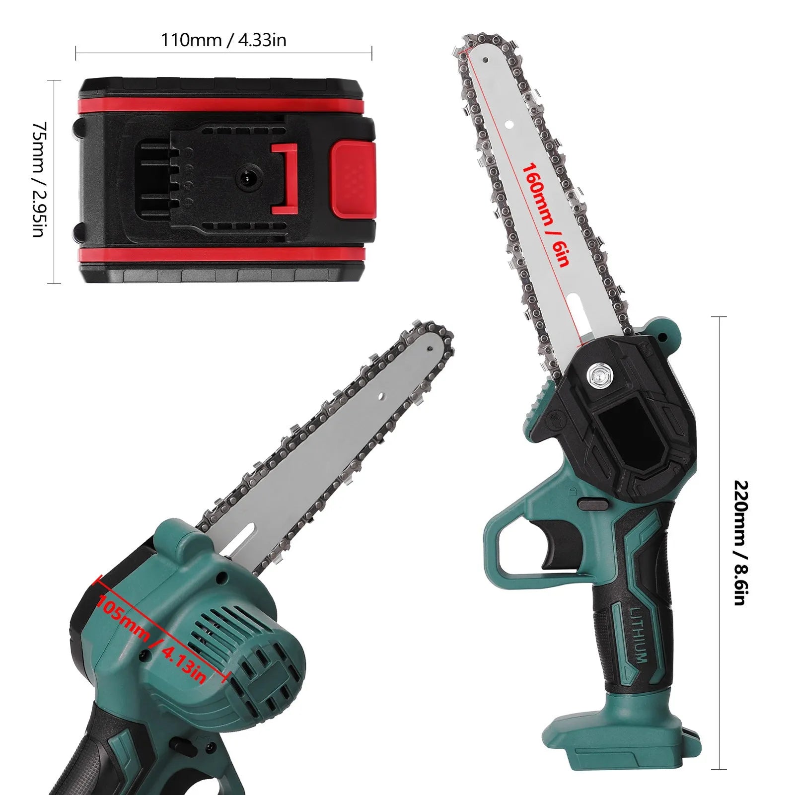 Black one-hand mini electric chainsaw with a 4-inch guide bar on a wooden log.