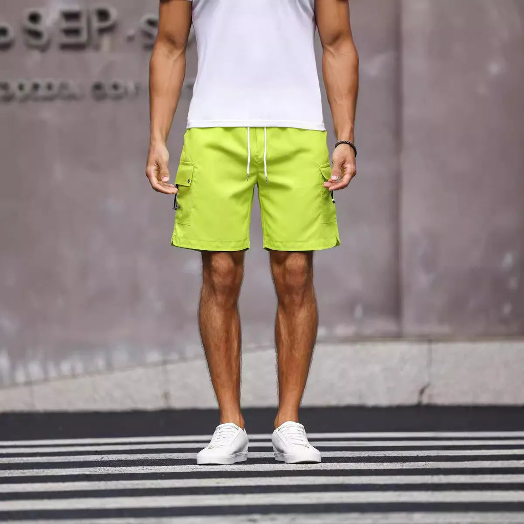 Men's loose fit work shorts in fluorescent green and army green colours with straight leg design