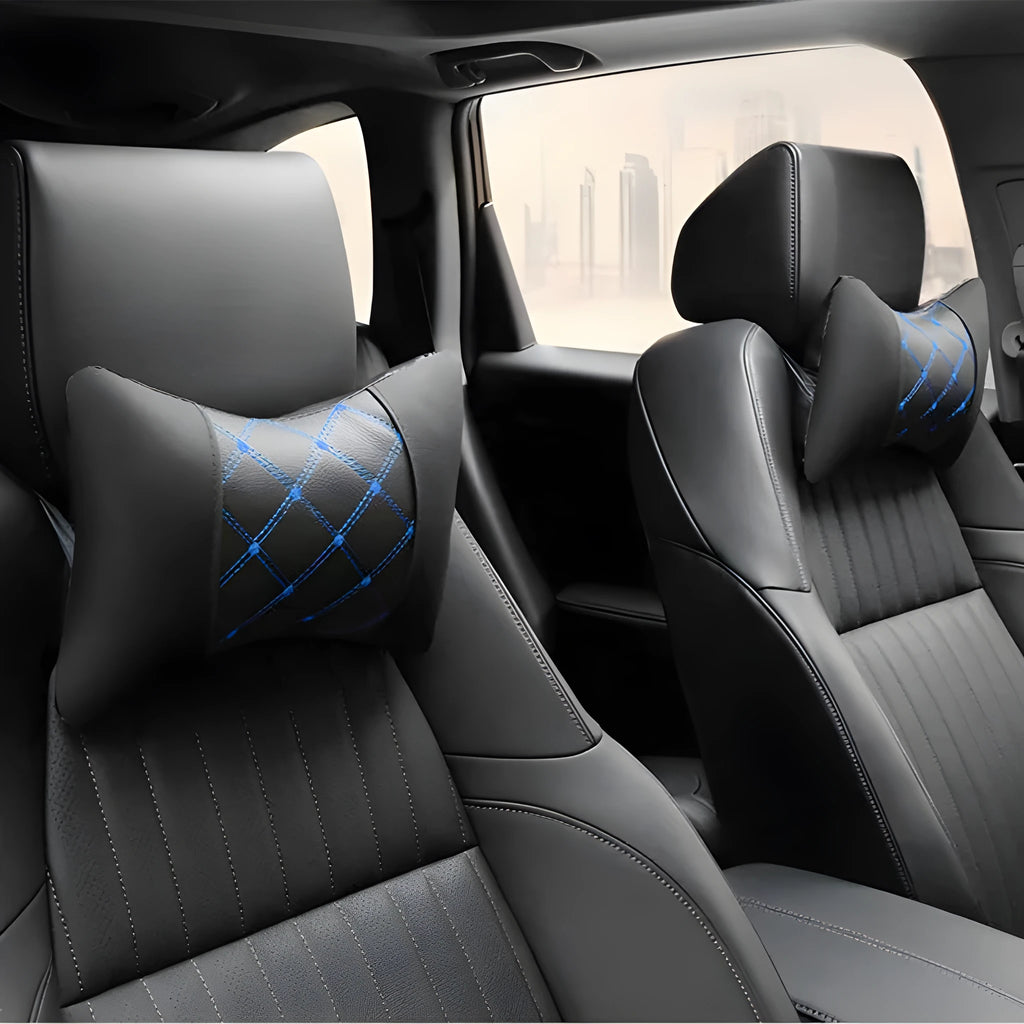 Black leather quilted car headrest pillow with contrast piping for cervical neck support