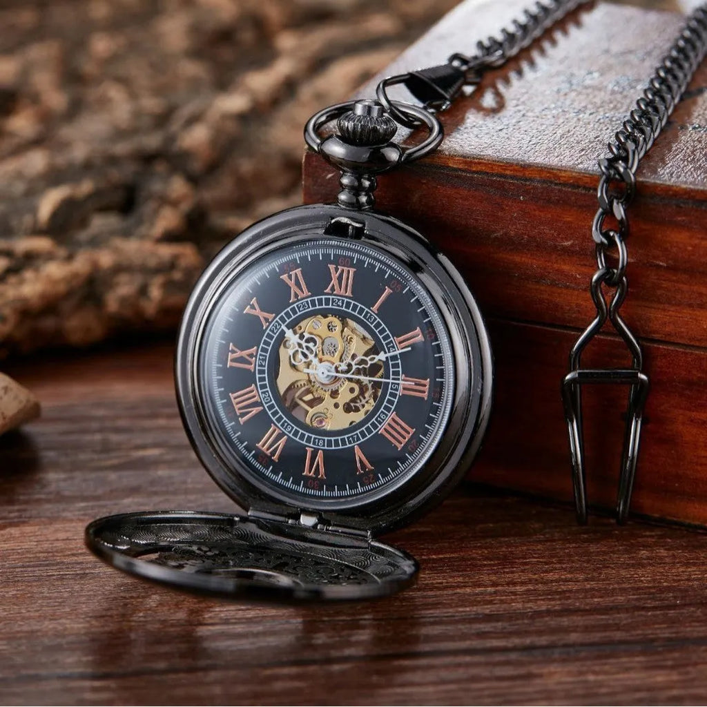 Retro automatic mechanical pocket watch with floral print dial and transparent case back in alloy construction