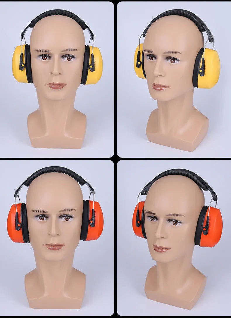 Orange adjustable noise-cancelling headphones and protective earmuffs with breathable fabric cushions.
