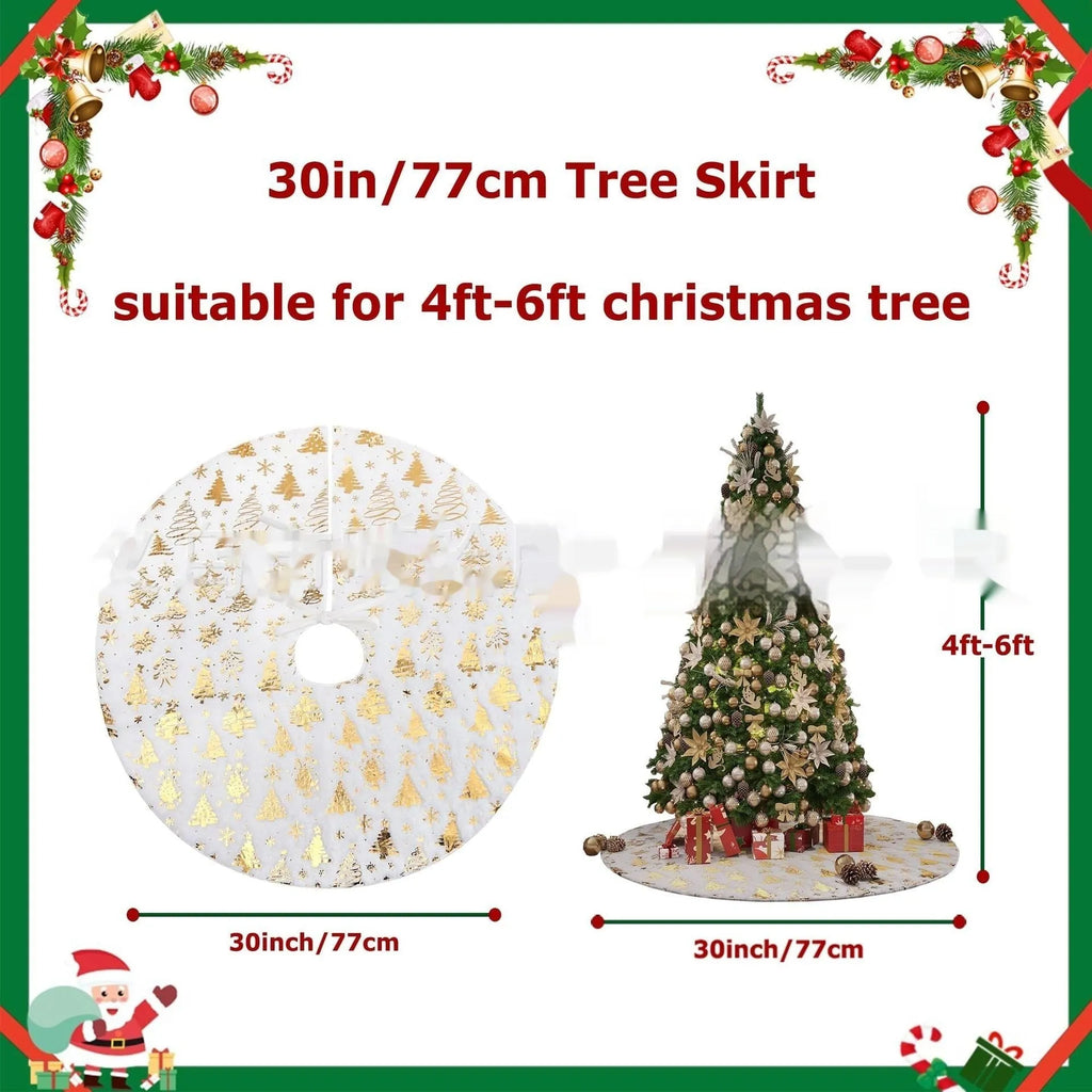 Plush Christmas tree floor mat with detailed gilding snowflake design, shown in multiple sizes.