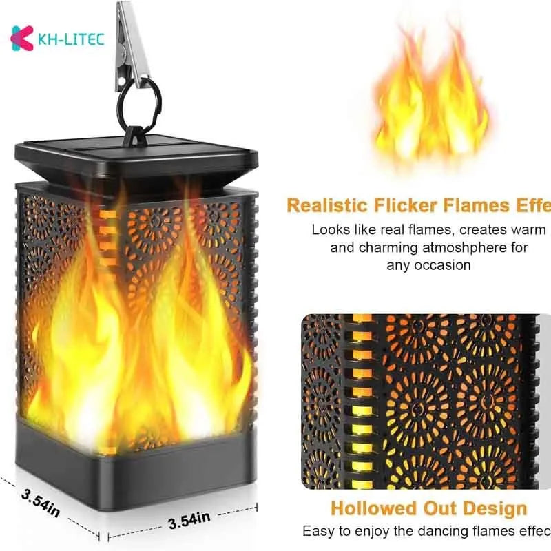 Set of four black solar-powered flame torch lights with flickering LED effect for garden pathways