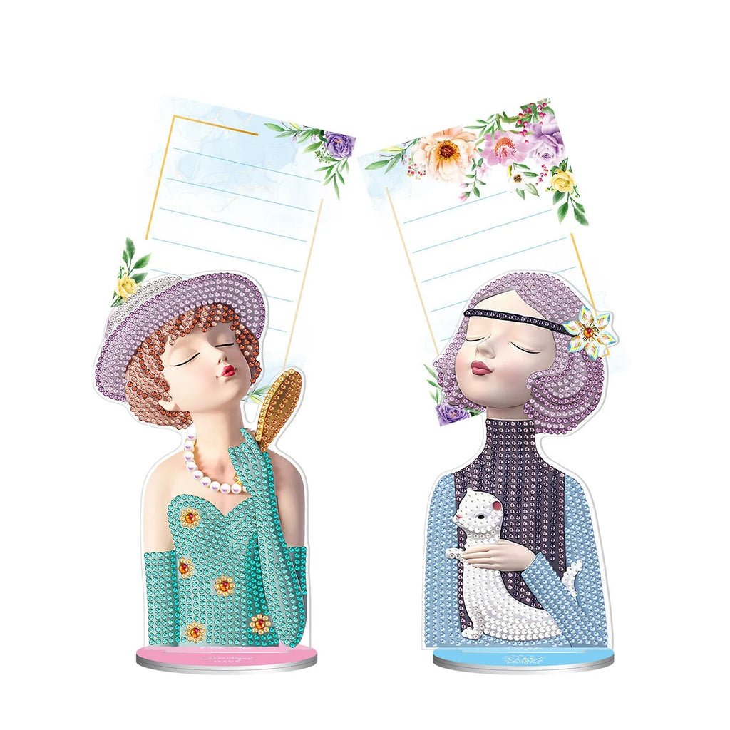Handmade frameless desktop note clip holding a diamond painting, measuring 19cm wide.