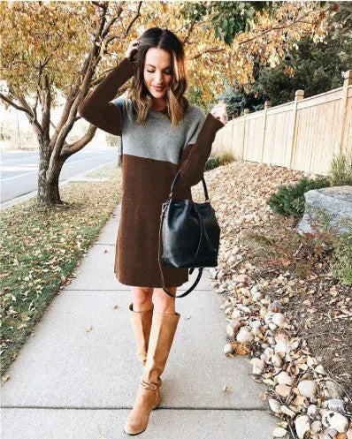 Brown women's long sleeve patchwork sweater dress with a round neck and loose fit.