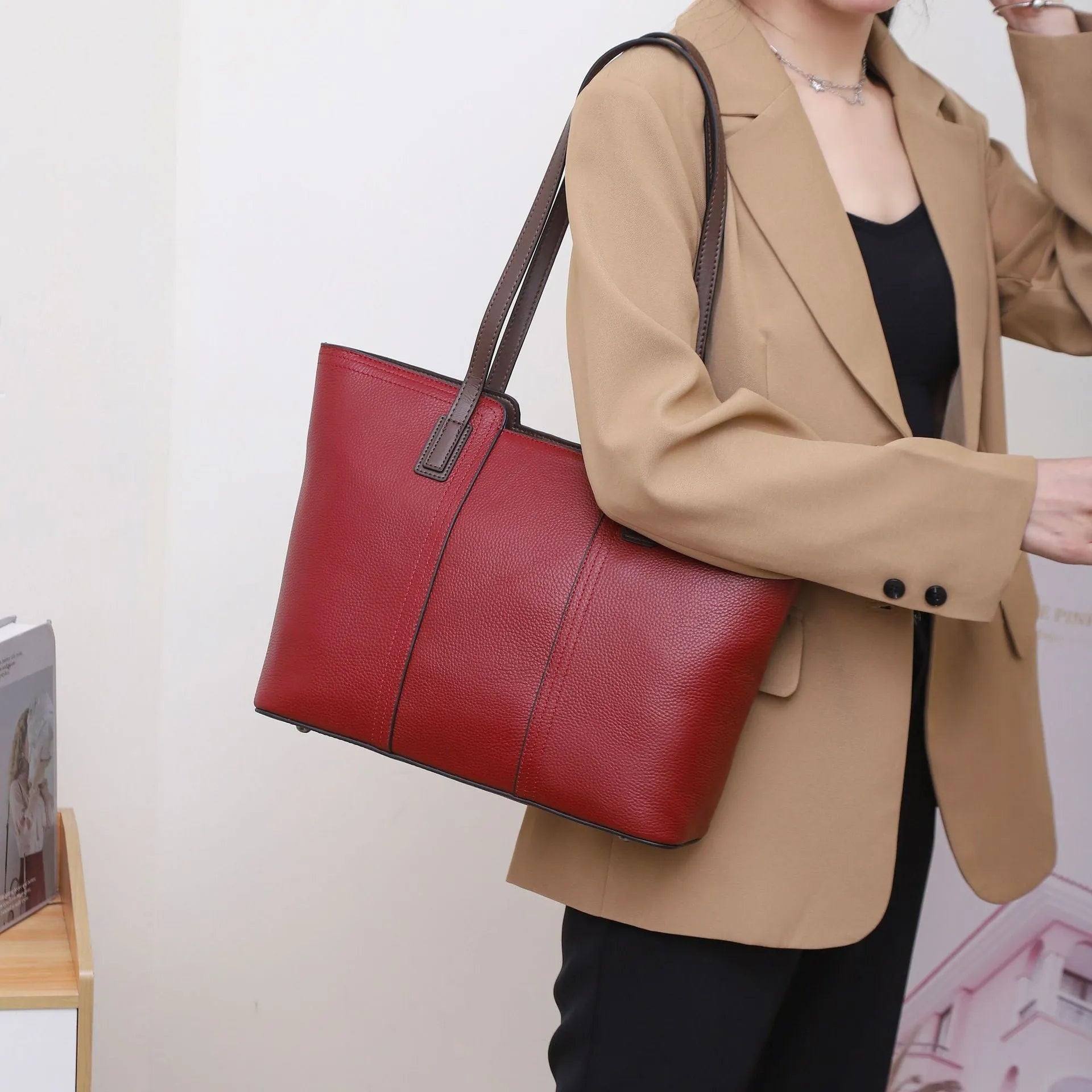 Women's genuine leather shoulder bag in box-type design with mobile phone compartment, shown in multiple colour options