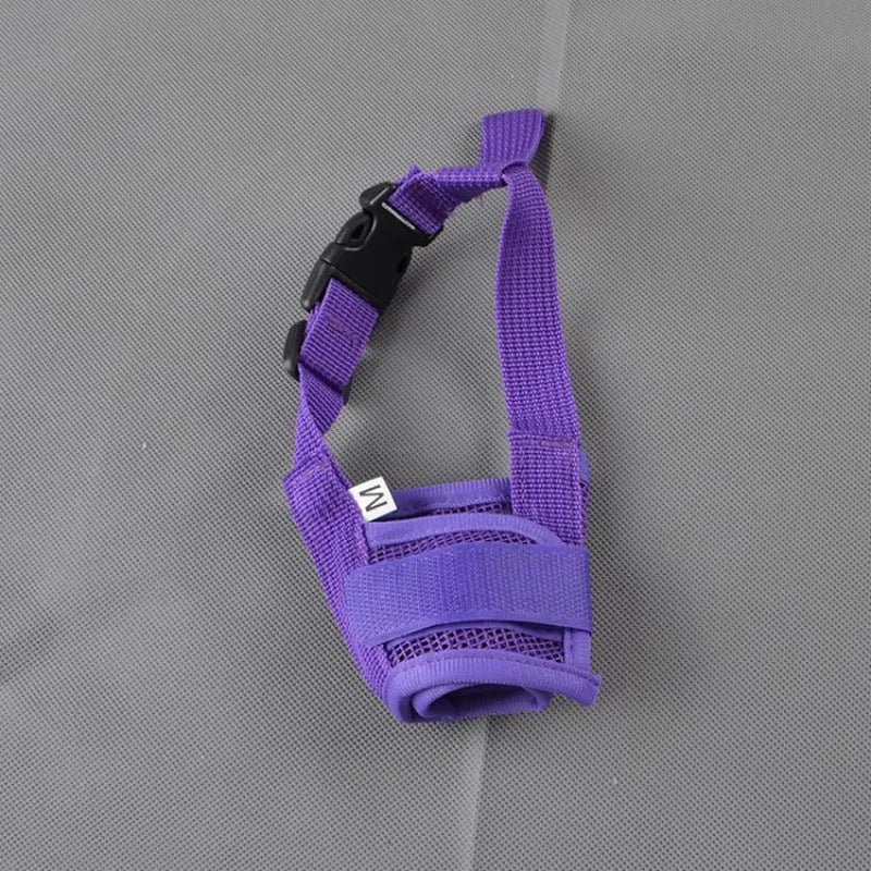 Adjustable plastic dog muzzle in multiple colours showing five size options for biting and barking control