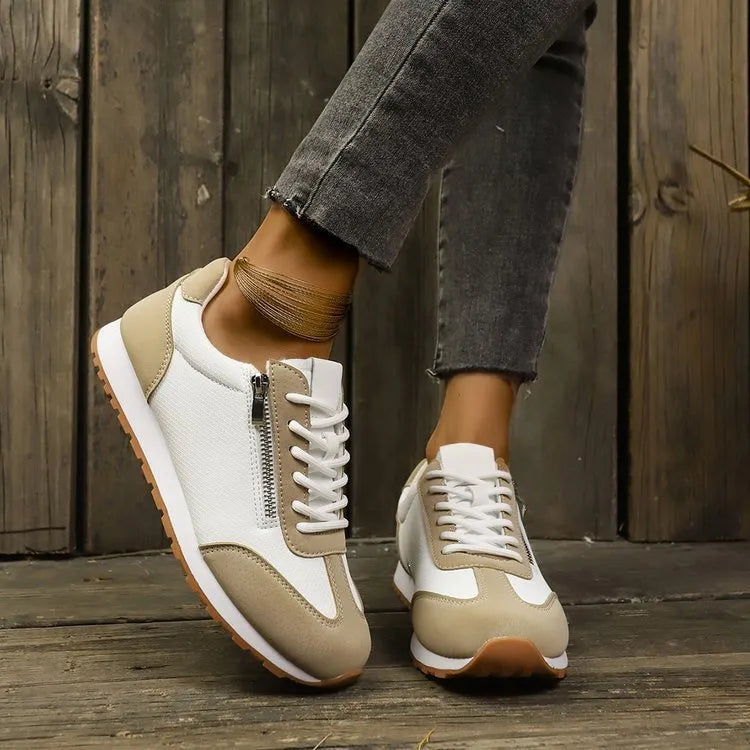 Women's flat-heeled casual shoes in grey, white, or Champagne with artificial PU upper and rubber sole