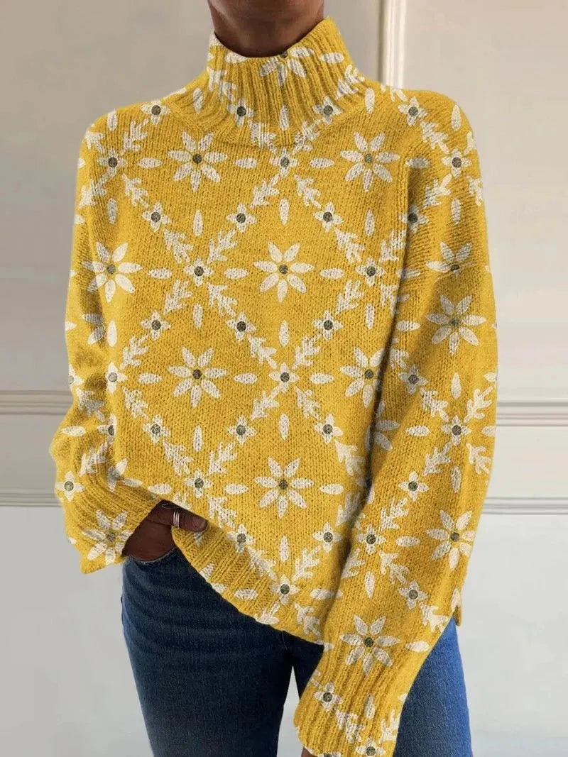 Women's loose fit Christmas print turtleneck sweater in a soft macaron colour.