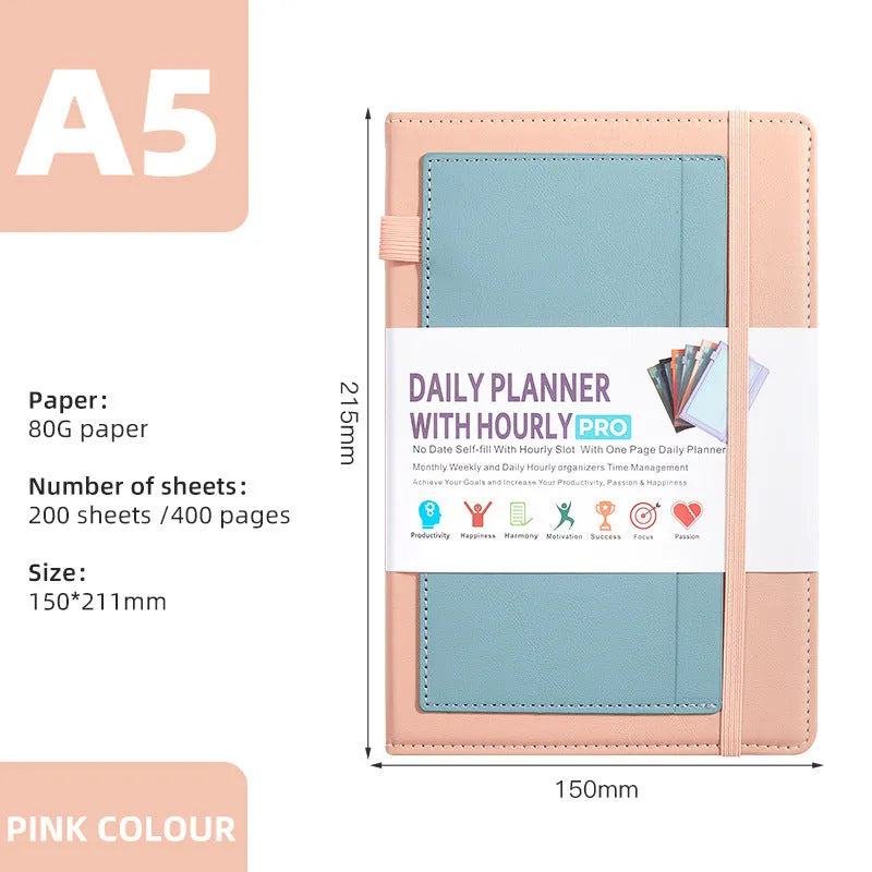 Self-filled no-date notebook with thread binding, showing PU cover in purple with planning stickers