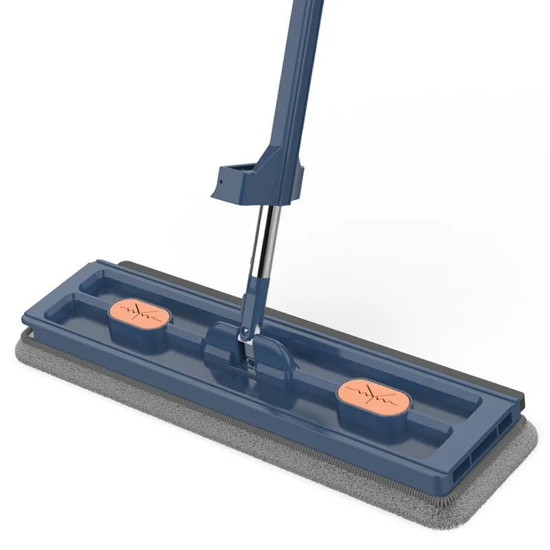 Large flat mop with long stainless steel handle and blue fine fibre cloth attached to a 360-degree rotating head.