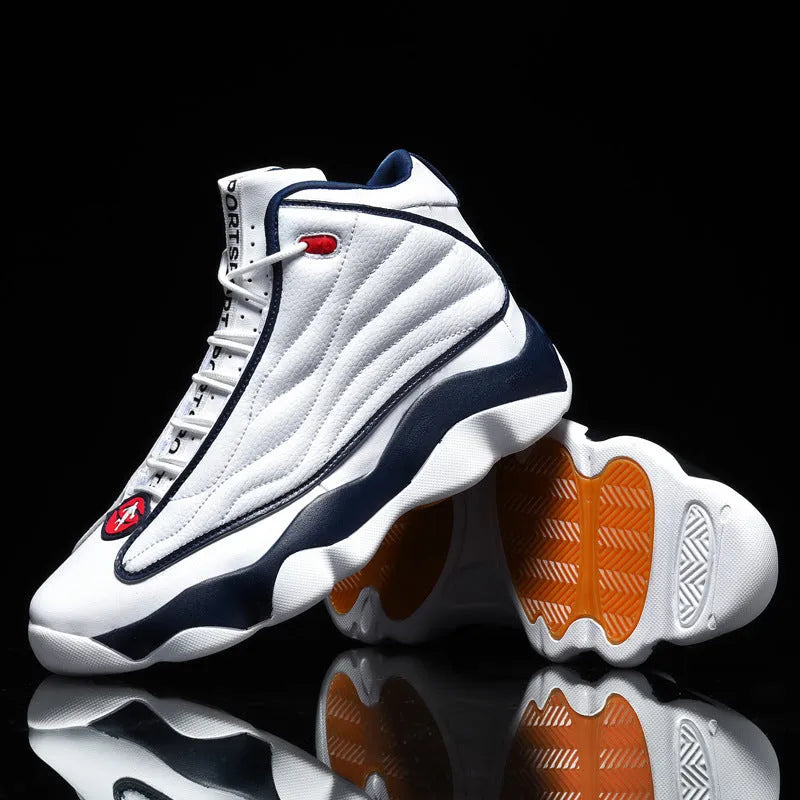Men's high-top basketball shoes with thick rubber sole and mesh upper in AJ13 white red colourway