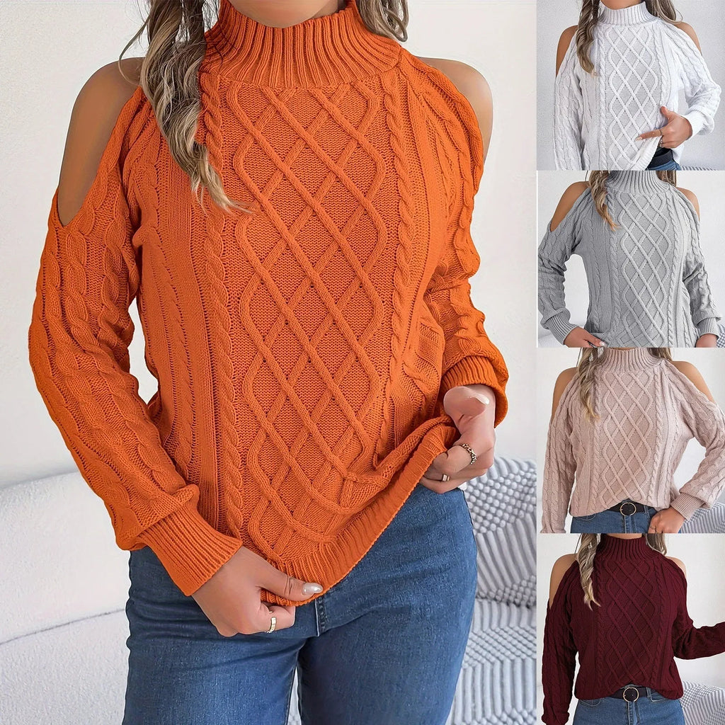 Women's grey acrylic sweater with twisted pattern, strapless half-high collar and lantern sleeves