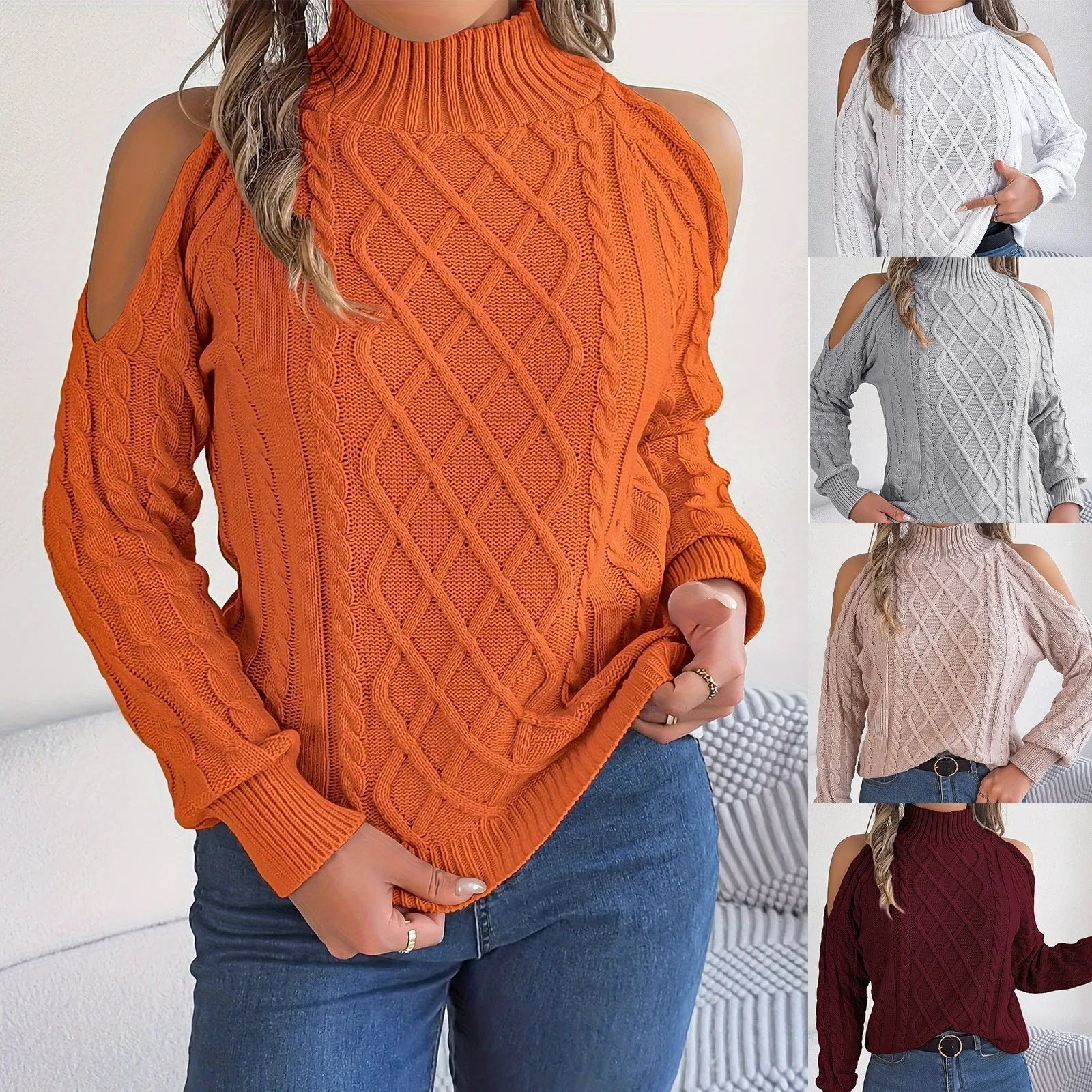 Women's grey acrylic sweater with twisted pattern, strapless half-high collar and lantern sleeves