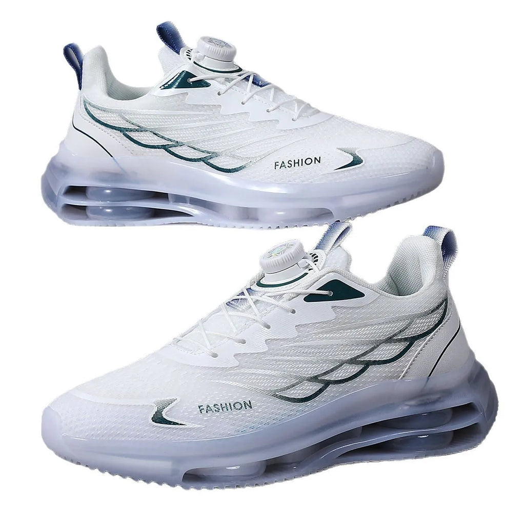 White rotating button sports shoes with mesh construction and rubber sole, showing lace-up front and Korean style design