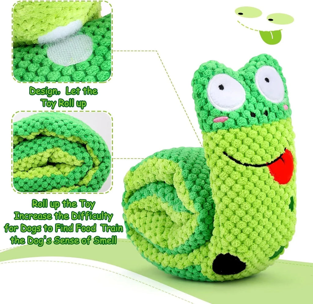 Transformable dog puzzle toy in snail shape with thick velvet material and hidden food holes