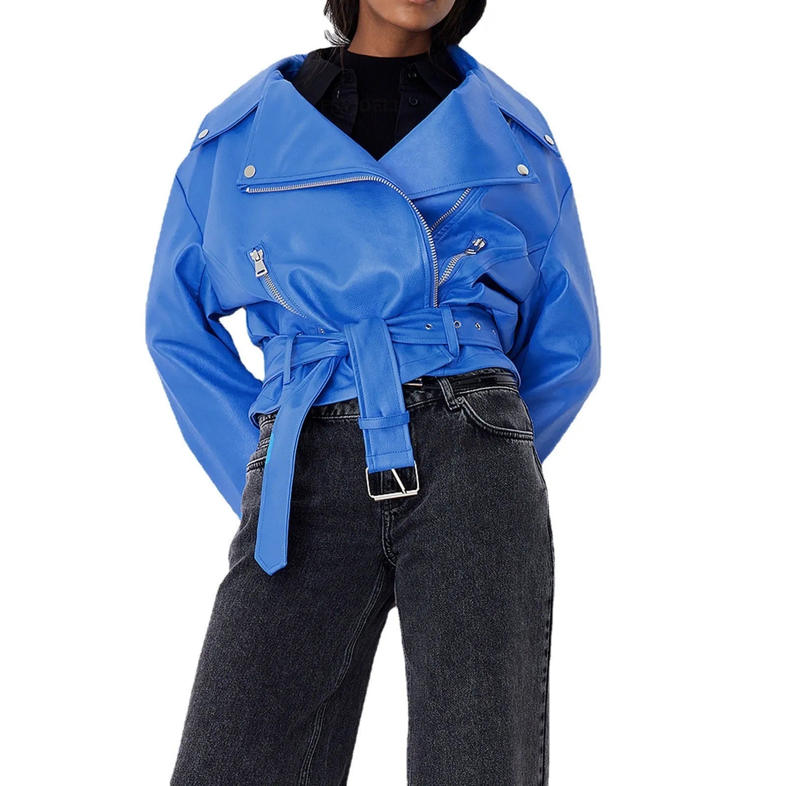 Black punk-style locomotive jacket with a drawstring waist, Peter Pan collar, and regular sleeves on a hanger.