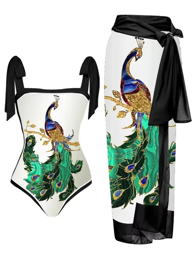 Women's printed floral swimsuit set with chiffon cover-up skirt