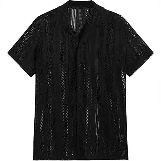 Man wearing a black jacquard knit short-sleeve cardigan shirt with button front.