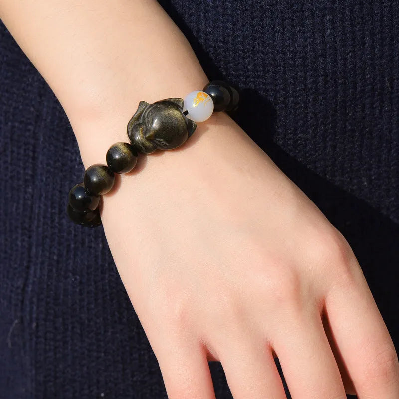 Natural obsidian zodiac bracelet with 10mm beads in gold, silver and black stone variations
