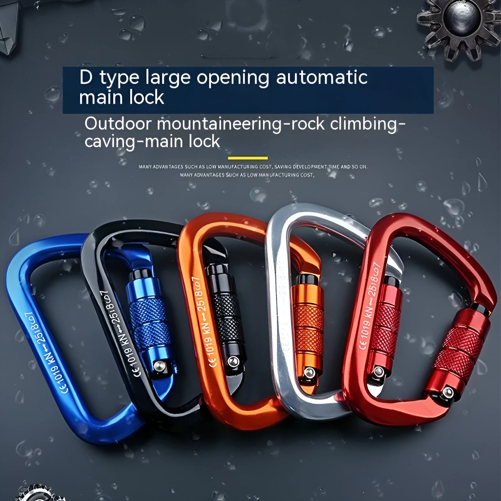 D-shaped rock climbing carabiner main lock with choice of threaded or automatic gate closure, shown in multiple colours.