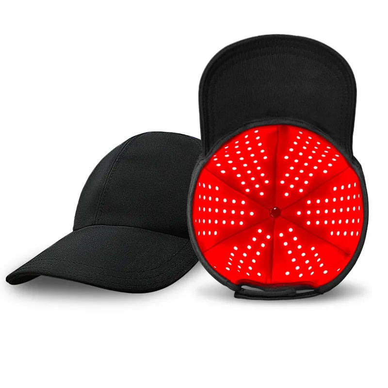 Black infrared peaked hair growth cap with LED lights and controller
