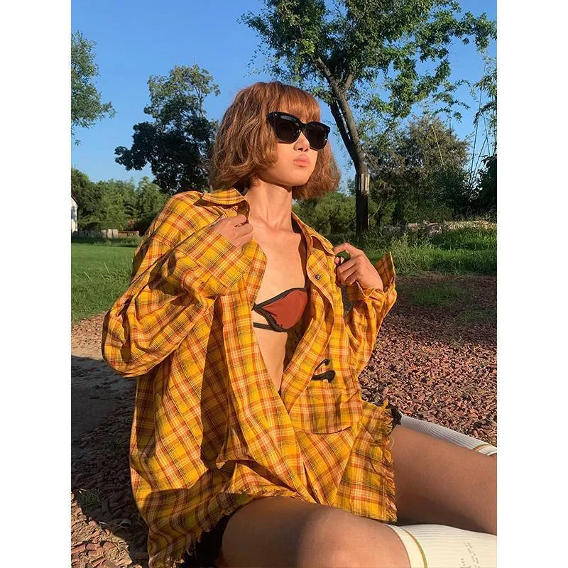 Dopamine yellow plaid shirt in loose cardigan style with chemical fibre blend fabric