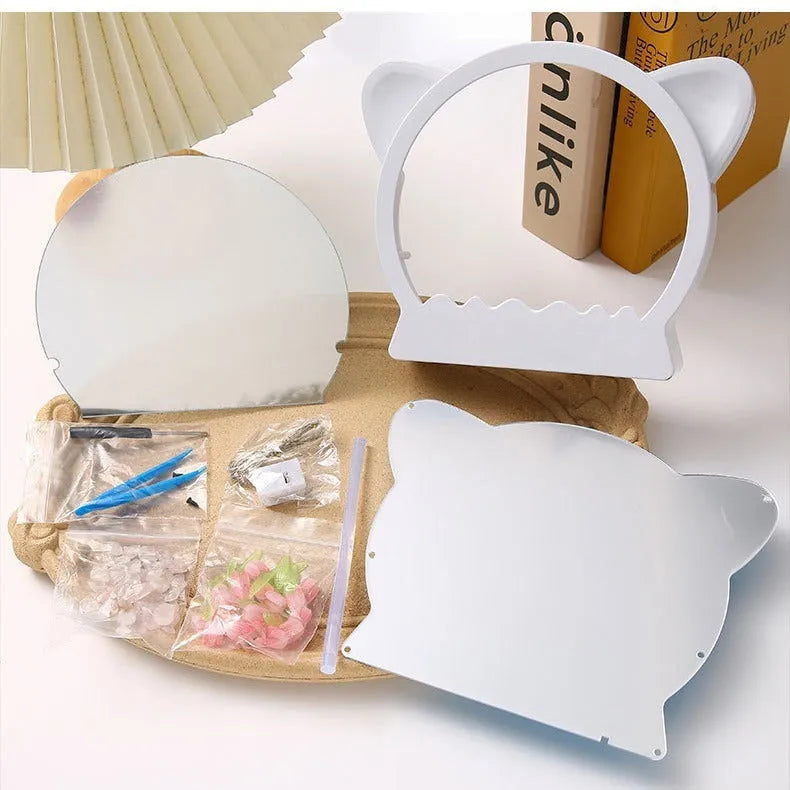 DIY craft kit for a cat head shaped night lamp decorated with handmade tulip flowers.