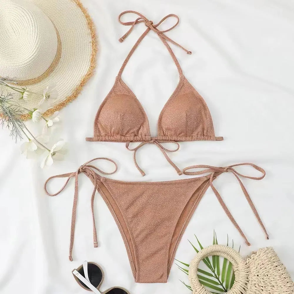 Women's split bandage style bikini swimsuit in polyester fabric with briefs bottom
