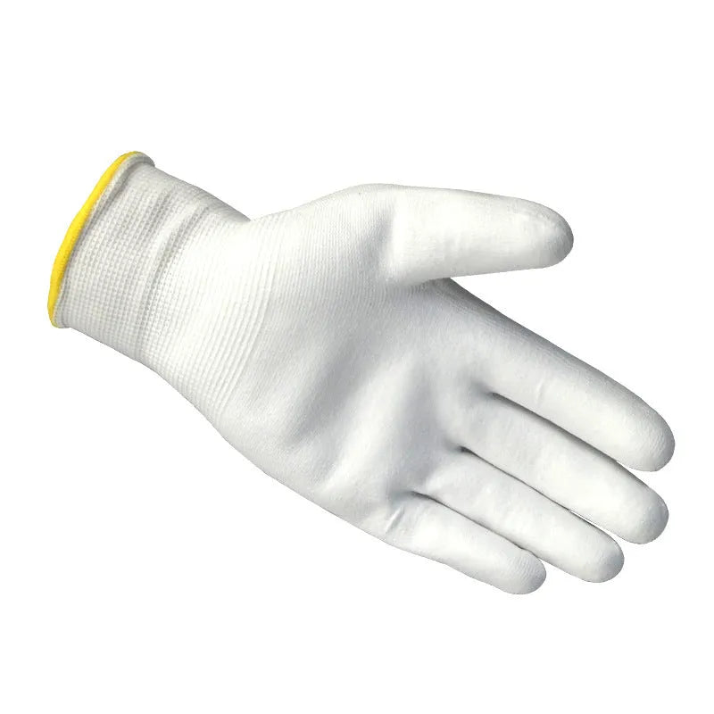 White PU coated labour gloves showing L and M size options with 24cm length measurement