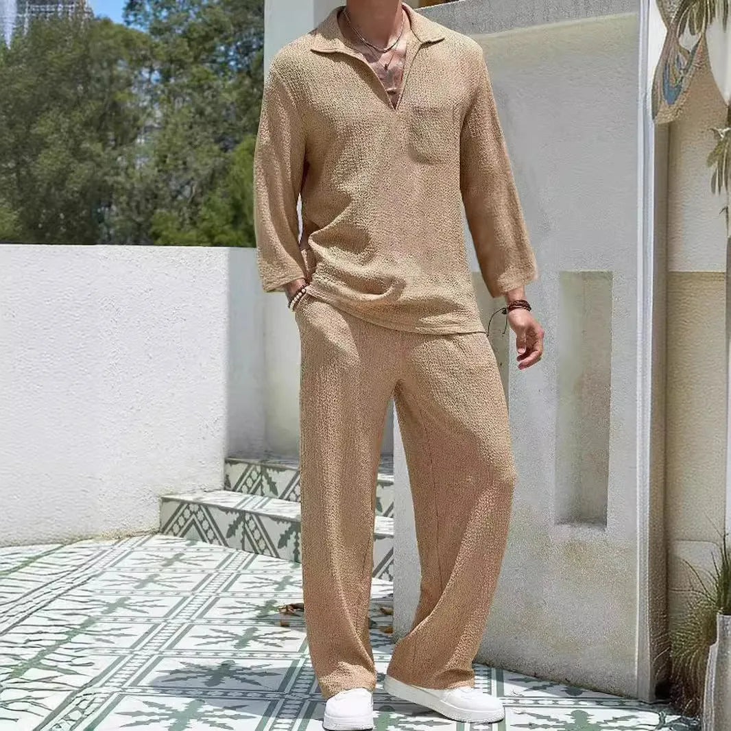 Men's casual polyester shirt and trousers suit set in lake blue colour.