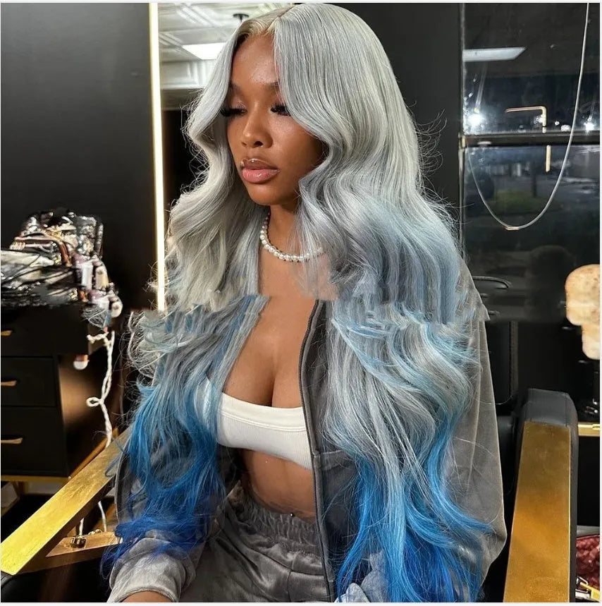 Grey blue gradient human hair lace front wig with long ombre waves