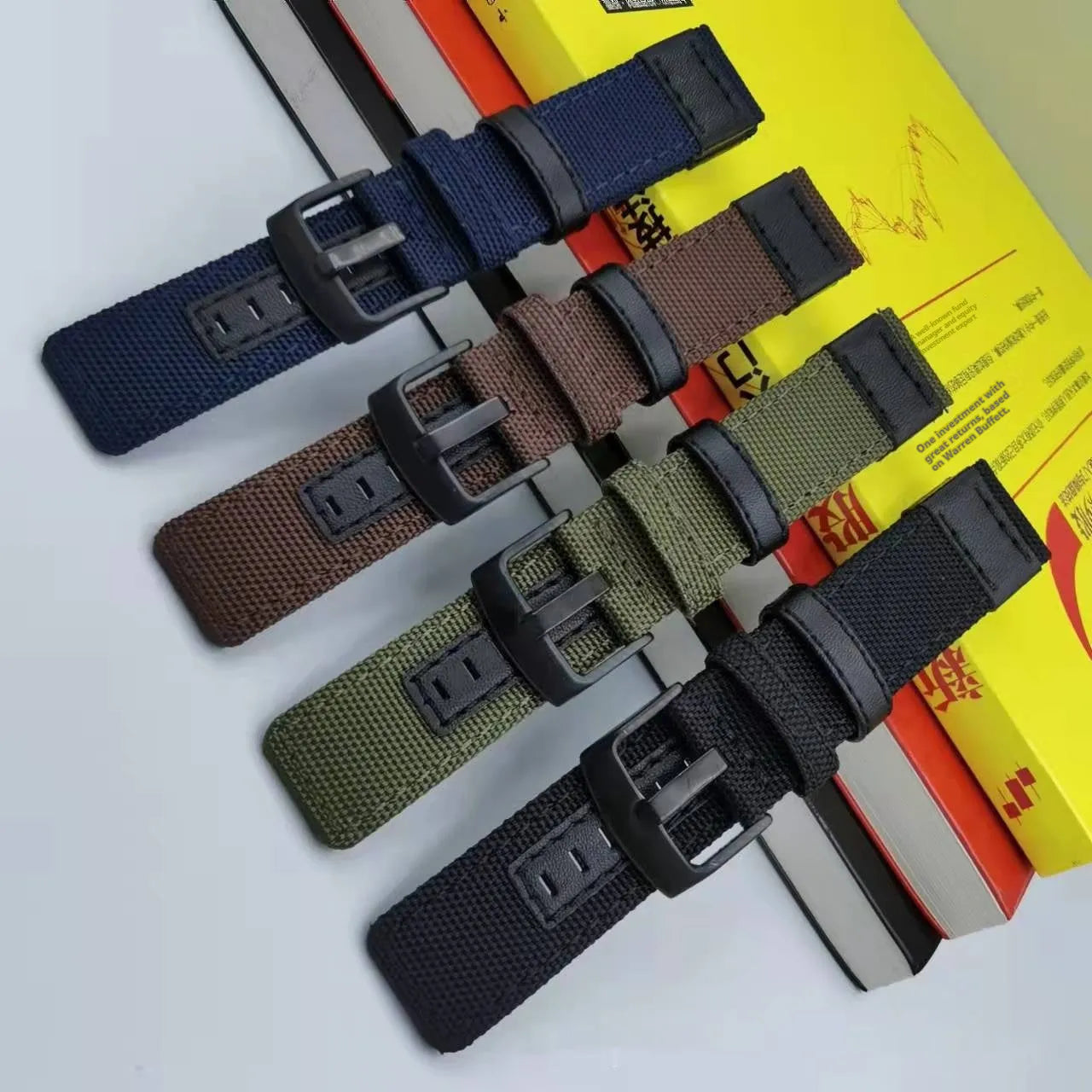 Oxford cloth canvas watch strap shown in camouflage colour next to sizing options for 20mm, 22mm, and 24mm widths.