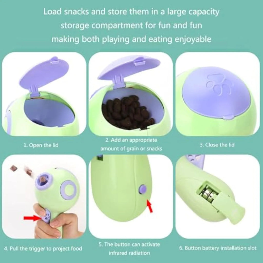 Green, orange or pink dog treat launcher toy measuring 15.5 x 9 x 8.5 cm for interactive play