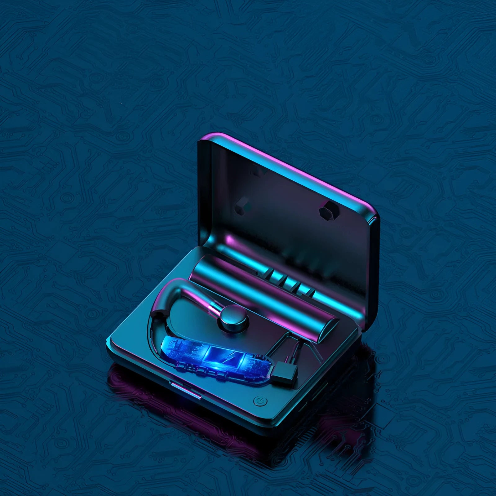 Black Bluetooth wireless earphones with hanging ear design and three sets of silicone ear caps