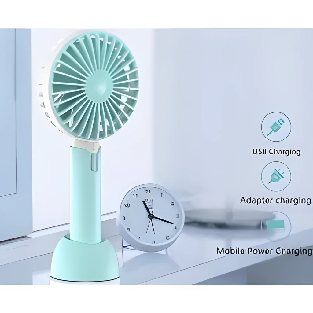 Blue handheld mini silent desktop electric fan with USB cable, three-speed control, and shaking head function.
