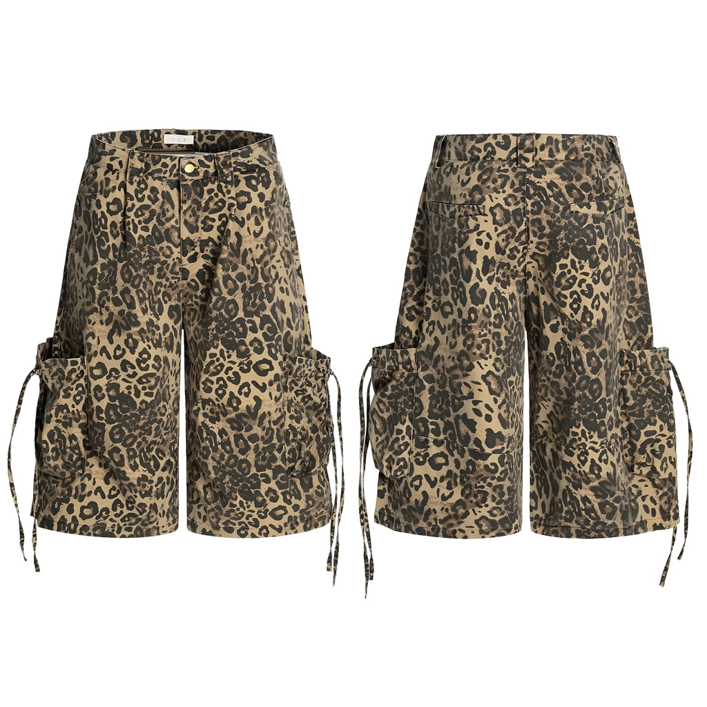 Leopard print cotton cropped pants with high waist and straight loose fit