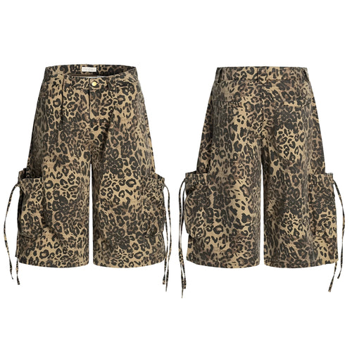 Leopard print cotton cropped pants with high waist and straight loose fit