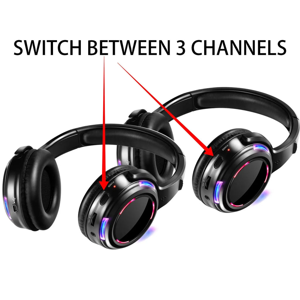 Black silent disco wireless headphones with 40mm drivers and 3.5mm plug