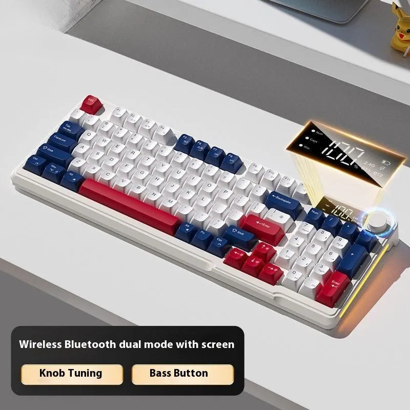 Blue and white wireless mechanical keyboard and mouse set on a desk, showing Type-C cable.