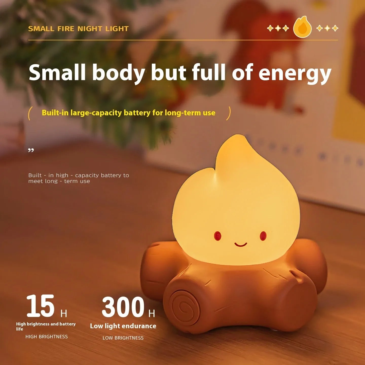 Small Fire Pile cartoon-themed silicone night light with yellow glow on a table.