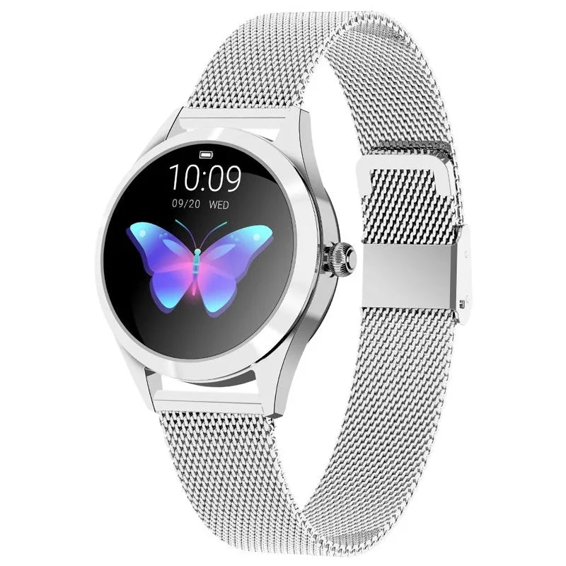 Women's smartwatch in black, rose gold, silver, or white with fitness tracking and phone notifications.