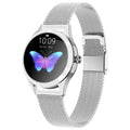 Women's smartwatch in black, rose gold, silver, or white with fitness tracking and phone notifications.